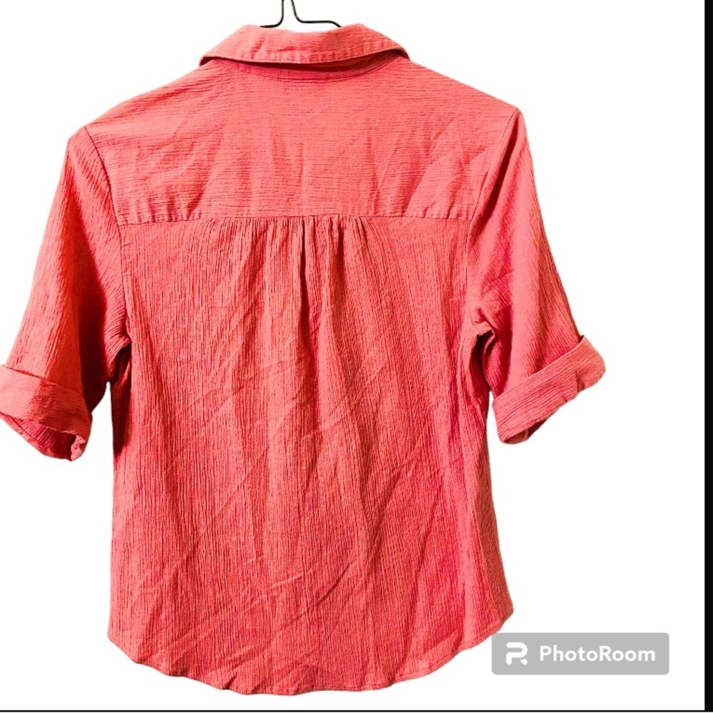 Vicki Wayne Button Down Short Sleeves Collar Rose Pink Natural Cotton Blouse - Picture 2 of 4